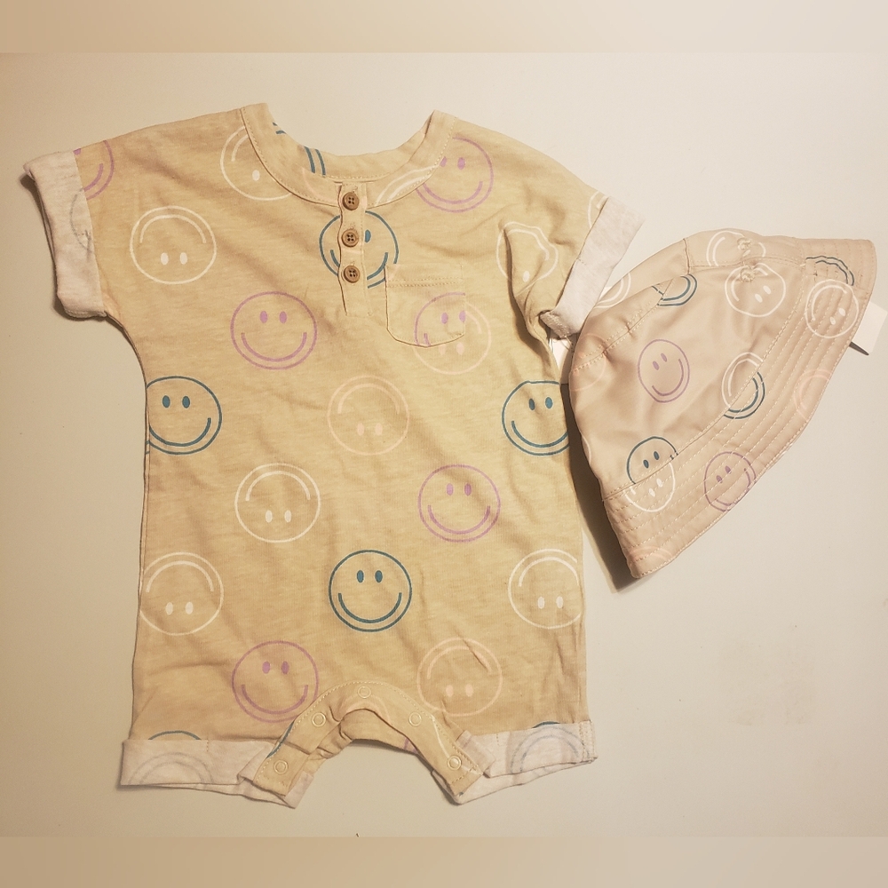Charming Beige Smiley Bodysuit with Matching Hat